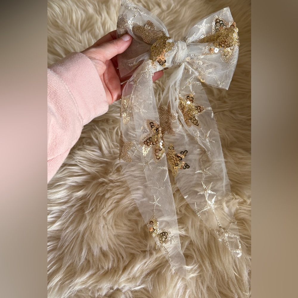 Anthropologie Gold & Ivory Sequin Star Lace Bow - Picture 4 of 7